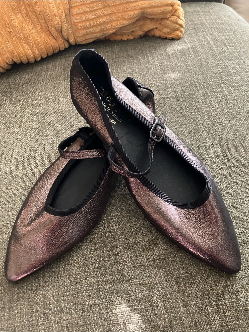 Metallic Bronze Pointed Mary Jane Flats with Buckle